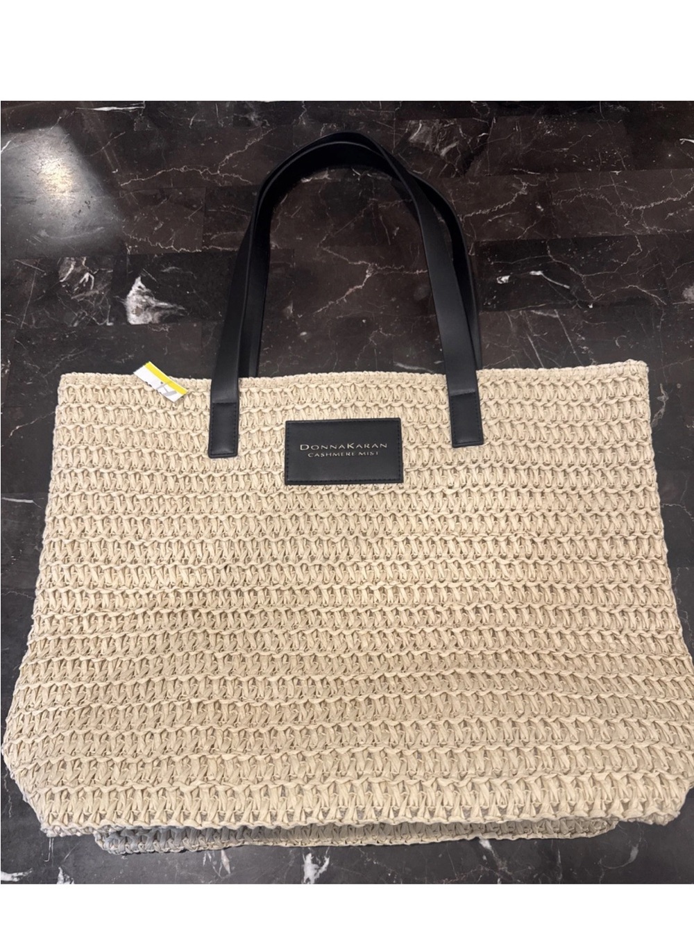 Donna Karan Cashmere Mist Beige Crochet Straw Tote with Black Handles